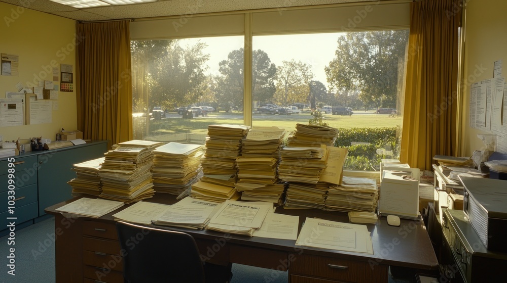 Poster stacks of paper on a desk in an office with a window view