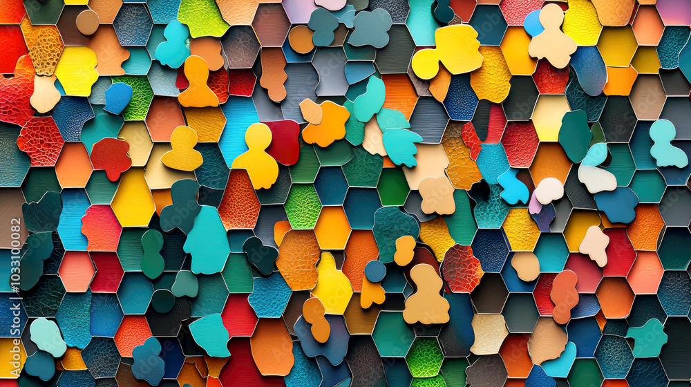 Aufkleber a colorful arrangement of hexagonal shapes and figures in various hues and textures.