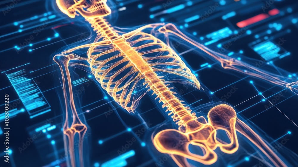 Poster Digital Representation of a Human Skeleton with Glowing Bones on a Blue Grid Background