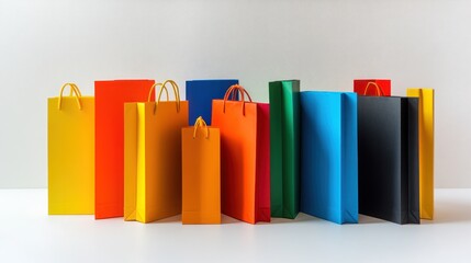 A row of colorful shopping bags on a white background.