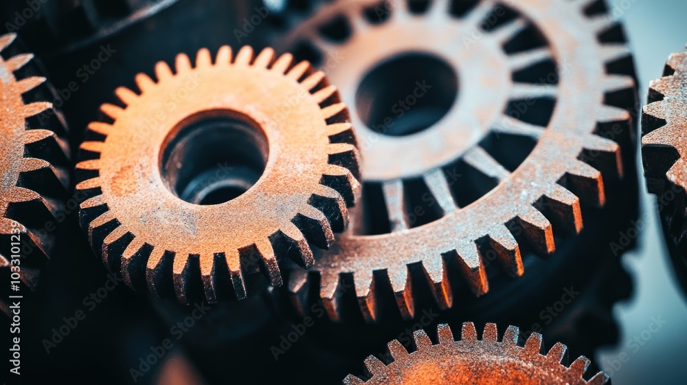 Poster close-up of interlocking rusted cogwheels