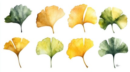 Naklejka premium Watercolor of Yellow beautiful leaves of the Ginkgo tree with blue sky in autumn season,Detail of the yellow leaves,Late autumn of Japan,space for text.