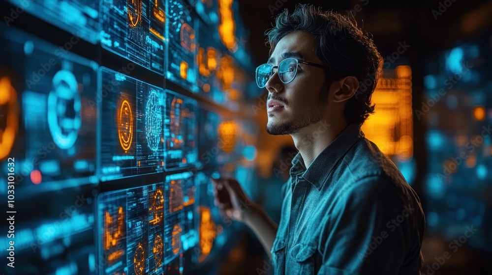 Aufkleber a focused individual interacts with digital data displays in a high-tech environment.