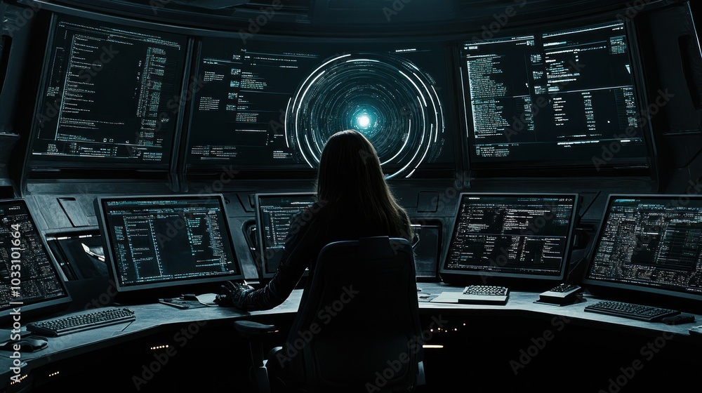 Aufkleber A Silhouette of a Hacker in a Futuristic Control Room Surrounded by Monitors with Code