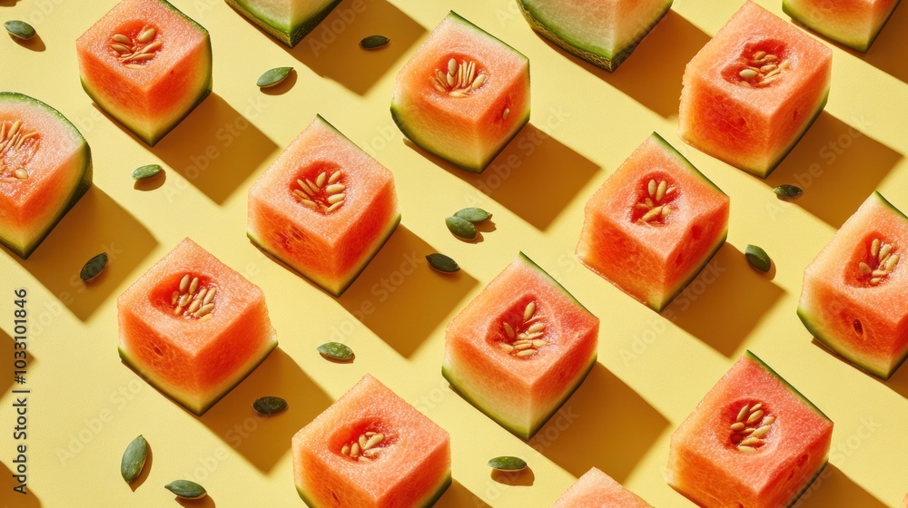Poster a flat lay of watermelon cubes and seeds arranged in a repeating pattern on a yellow background.
