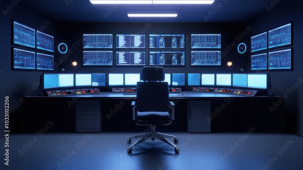 Aufkleber empty control room with multiple screens and a single chair