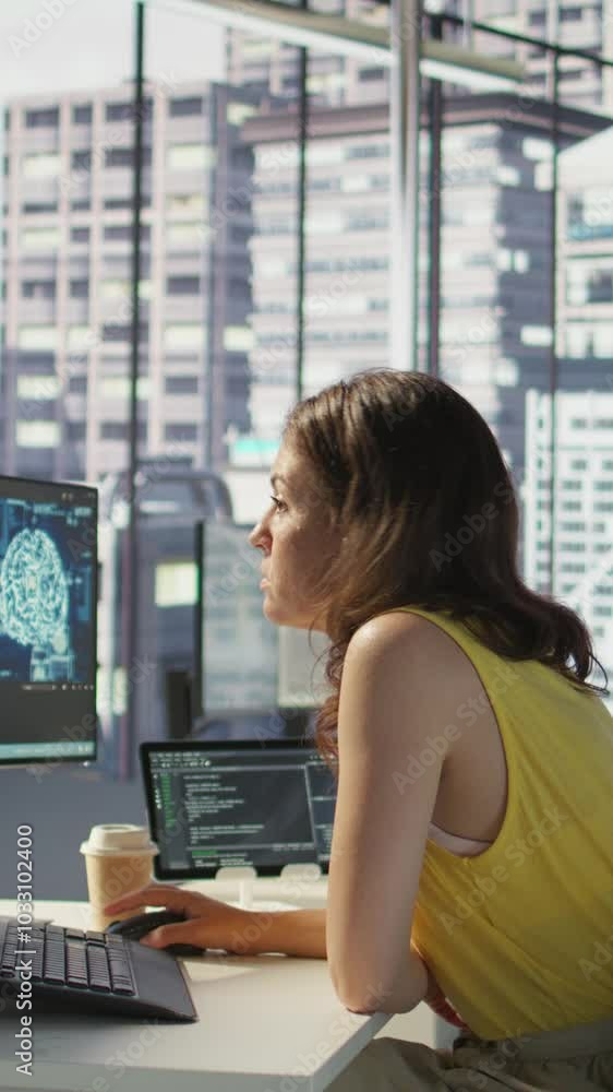 Poster vertical video admin and coworker conducting experiments and tests to optimize ai machine learning m