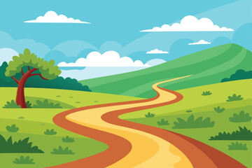 Winding dirt road traverses a vibrant grassy field, surrounded by the beauty of nature greenery flat vector illustration