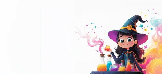 Halloween witch standing next to her potion table, with colorful potions and magic swirling around her, kidsbook-style, isolated on white 