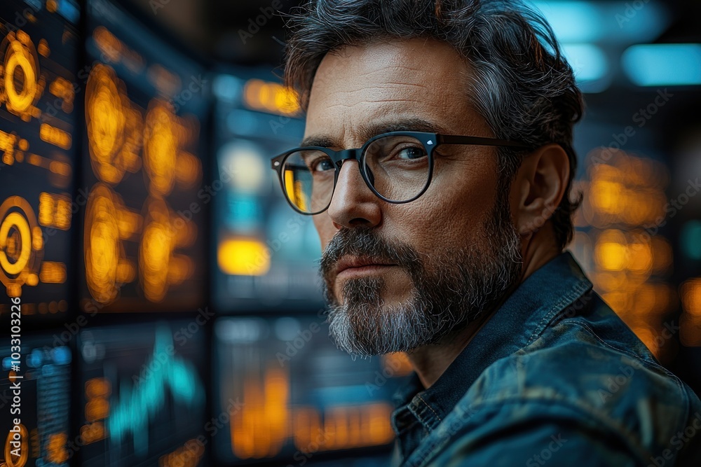 Poster a focused man in glasses analyzes data on digital screens in a tech-driven environment.