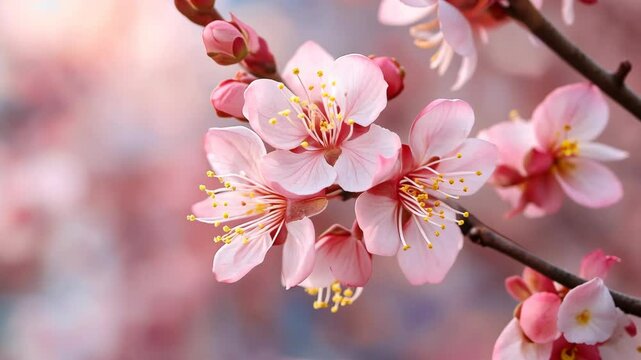 Pink blossoms open on a branch in the spring