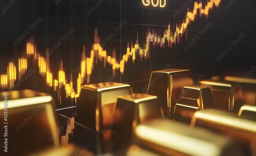 Poster a bar graph showing gold's price clearly going up over time, with the stock market line in the backg