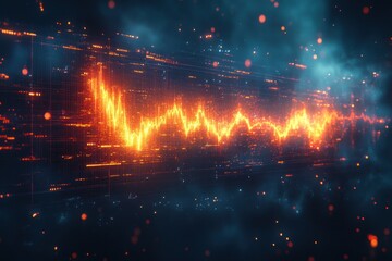 A digital waveform visualization in vibrant orange and blue tones, representing sound or data.