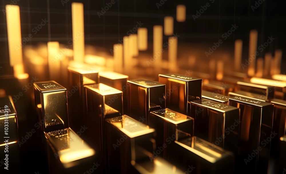 Poster a bar graph showing gold's price clearly going up over time, with the stock market line in the backg