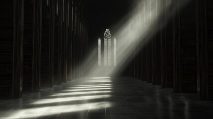 Eerie Ambiance in the Haunting Gothic Library: 3D Render with Cinematic Light Effects