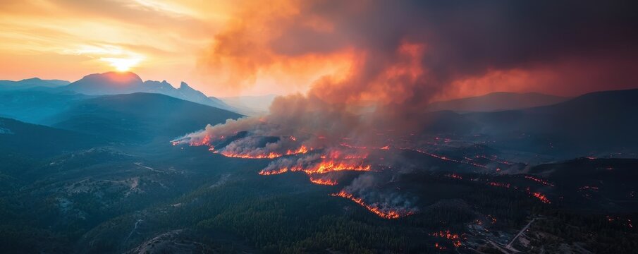 Aerial view of a wildfire raging through a forested area, with smoke rising into a dramatic sunset sky