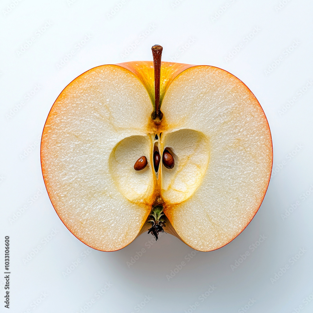Poster a cross-section of a fresh apple showcasing its inner structure and seeds.