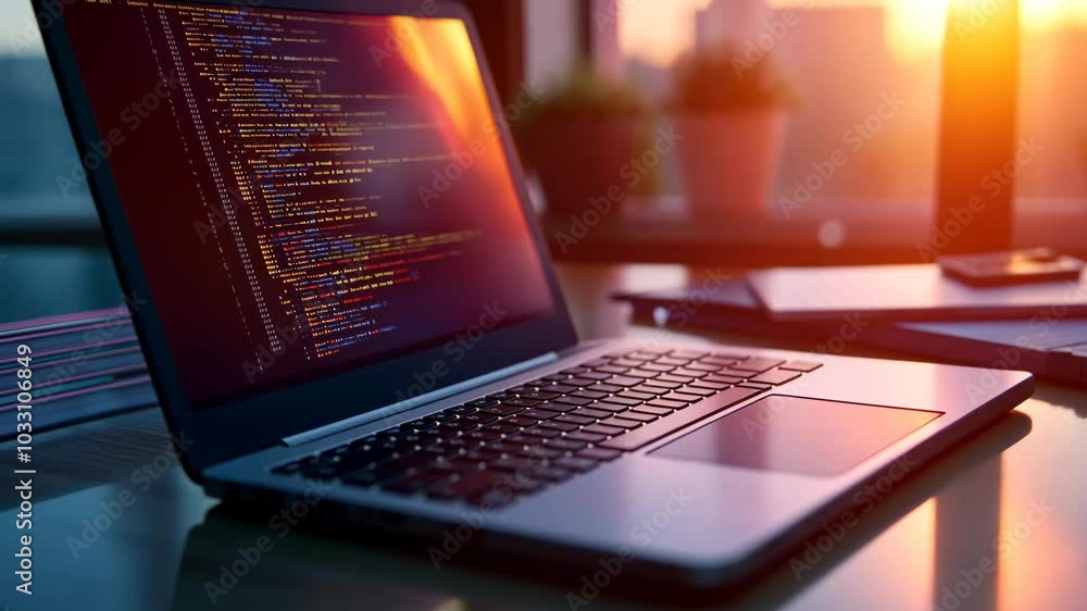 Poster a laptop with code on the screen sits on a desk in front of a window with a sunset view