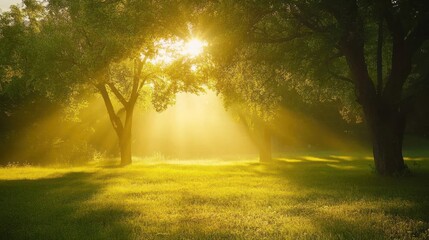 Naklejka premium Sunlight beams through trees in a green meadow.