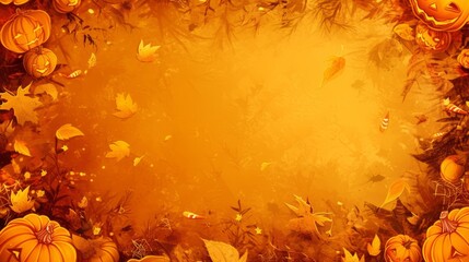 A festive autumn background featuring pumpkins, leaves, and a warm orange hue.