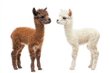 Obraz premium Two adorable newborn alpacas, one brown and one white, isolated on a white background.
