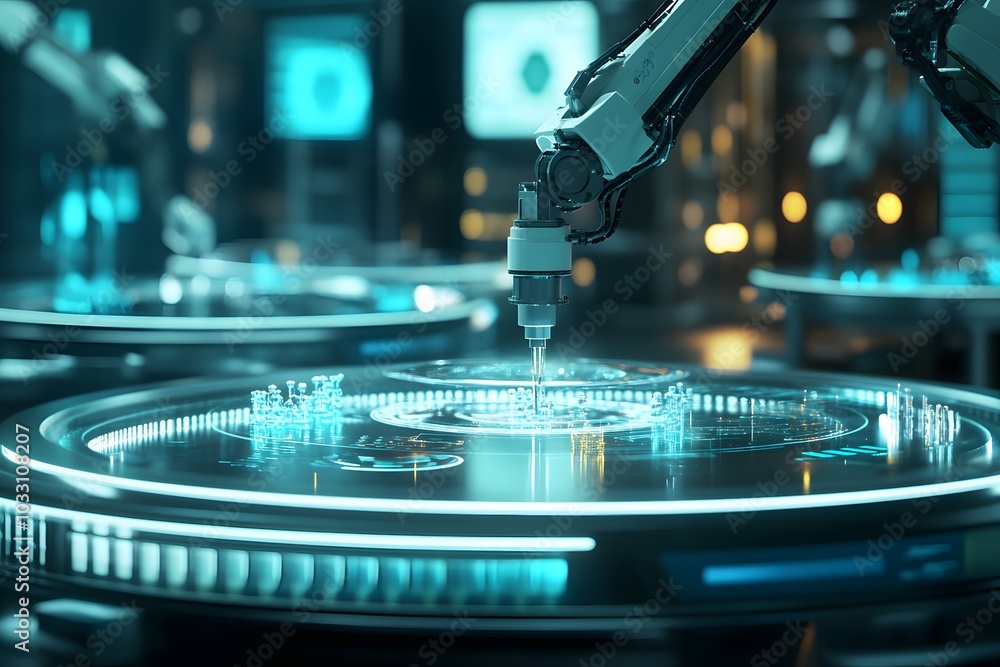 Poster a futuristic scene depicting robotic arms manipulating intricate designs on illuminated surfaces in 