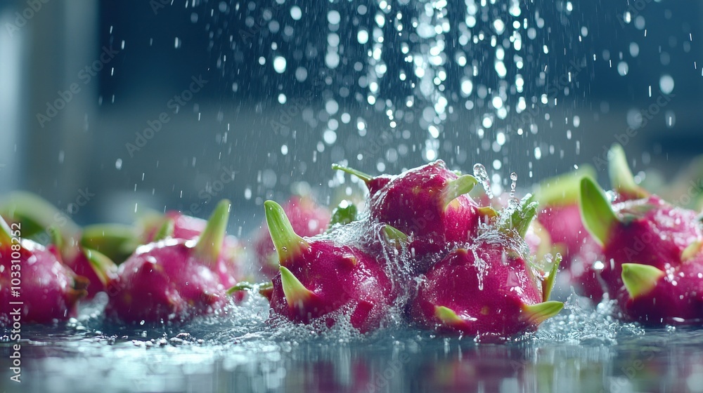 Poster fresh dragon fruits being splashed with water, creating a dynamic and refreshing image.