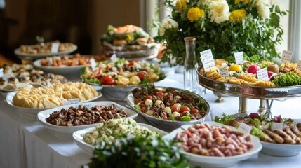 A beautifully arranged buffet table with an assortment of halal meats, salads, desserts, and drinks, catering to Muslim-friendly events, with visible halal signs