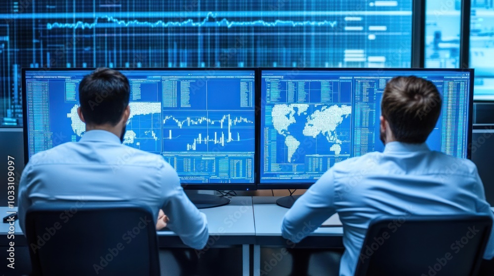 Poster Two Men Working at Computers with Data and World Map Displayed