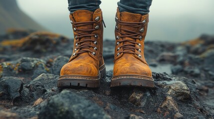 A close-up of rugged brown boots on rocky terrain, suggesting adventure and exploration.