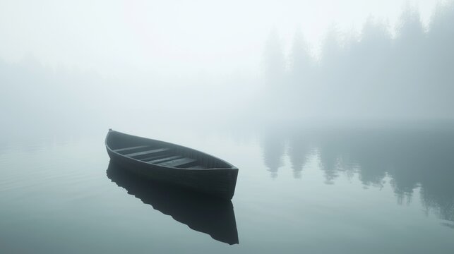 Eerie Gothic Lake Scene with Rowboat in Mist - 3D Render Illustration with Cinematic Light and Detailed Trees
