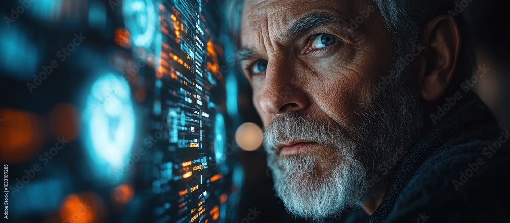 Poster a contemplative man with a beard gazes intensely at a futuristic digital interface.