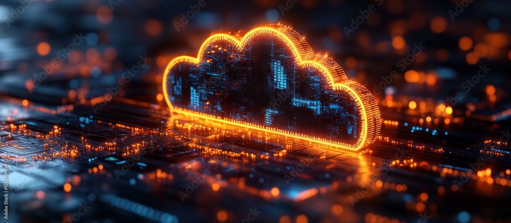 Poster digital cloud symbol glowing on a circuit board, representing cloud computing technology.