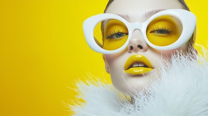 high-fashion studio portrait of a model with yellow lipstick and white sunglasses on a yellow background