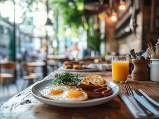 A cozy cafe offering a halal breakfast menu with items like eggs, sausages, and pancakes, catering...