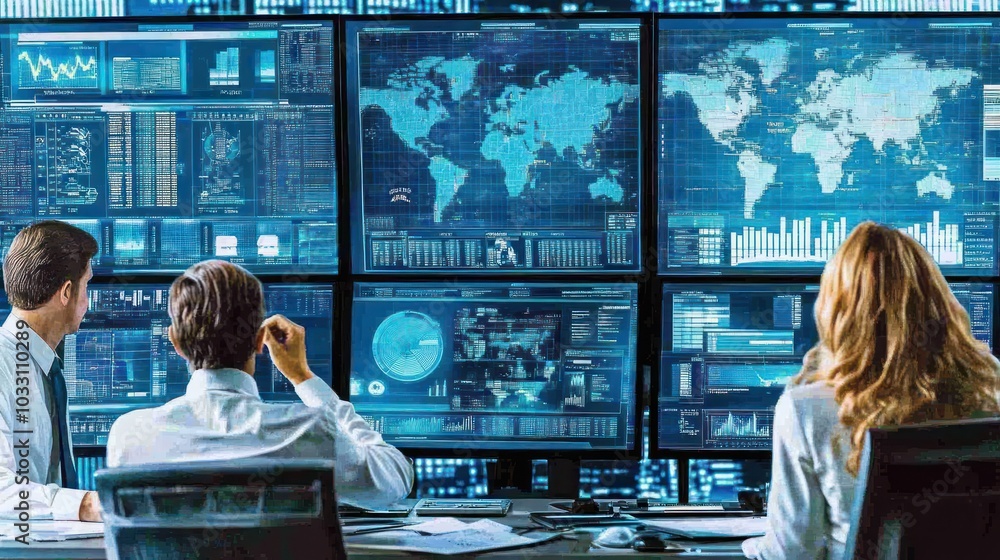 Poster Three People Analyzing Data on Multiple Monitors