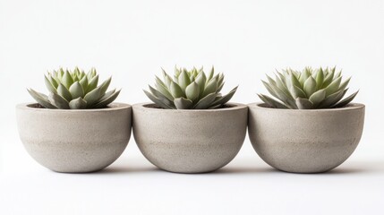Three small succulents in concrete pots on a white background.