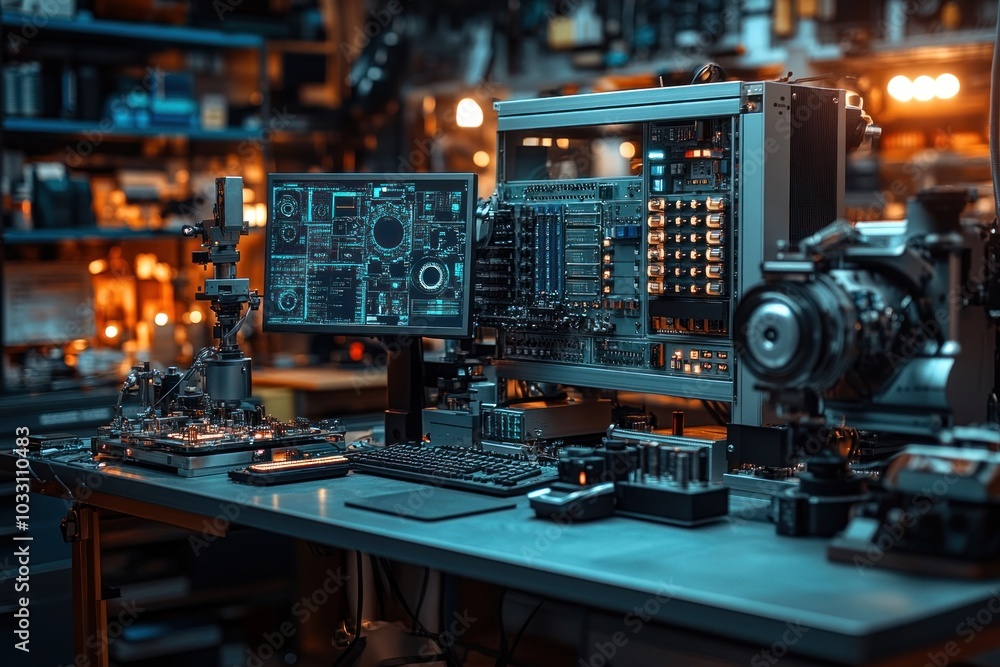 Poster a modern workspace featuring advanced technology and equipment for electronics and computing.