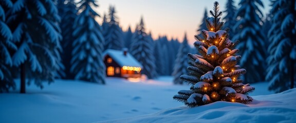 Peaceful Snowy Christmas Scene with Lit Tree and Cabin