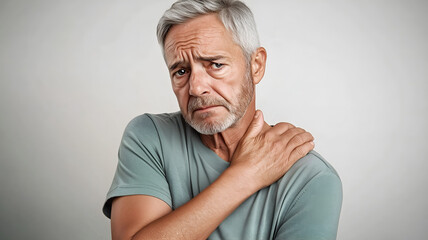 An American man clutching his shoulder as if experiencing discomfort or shoulder pain