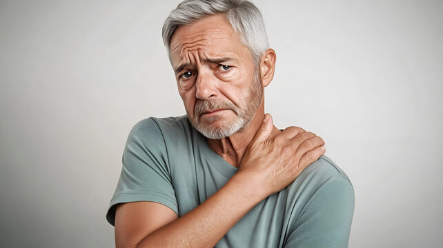 An American man clutching his shoulder as if experiencing discomfort or shoulder pain
