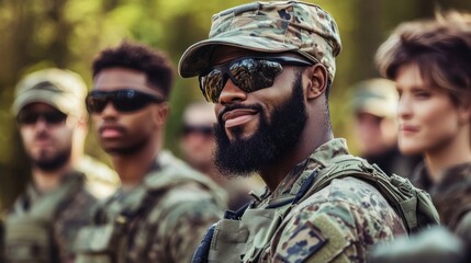 Fototapeta premium A diverse group of soldiers attending a career development workshop, learning leadership and technical skills for post-military opportunities