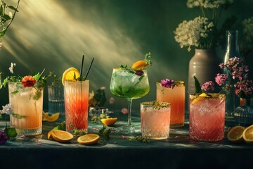 A chic cocktail bar setup with various colorful craft cocktails in elegant glasses