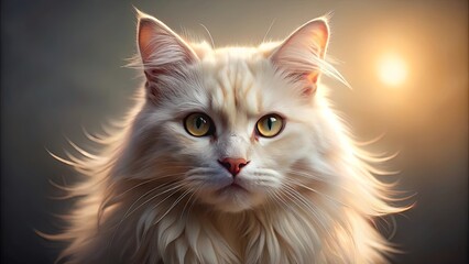 Golden eyes, a soft white coat, and a gentle gaze, a feline portrait bathed in warm light.
