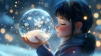 Naklejka premium Girl Holding a Snow Globe in Winter.