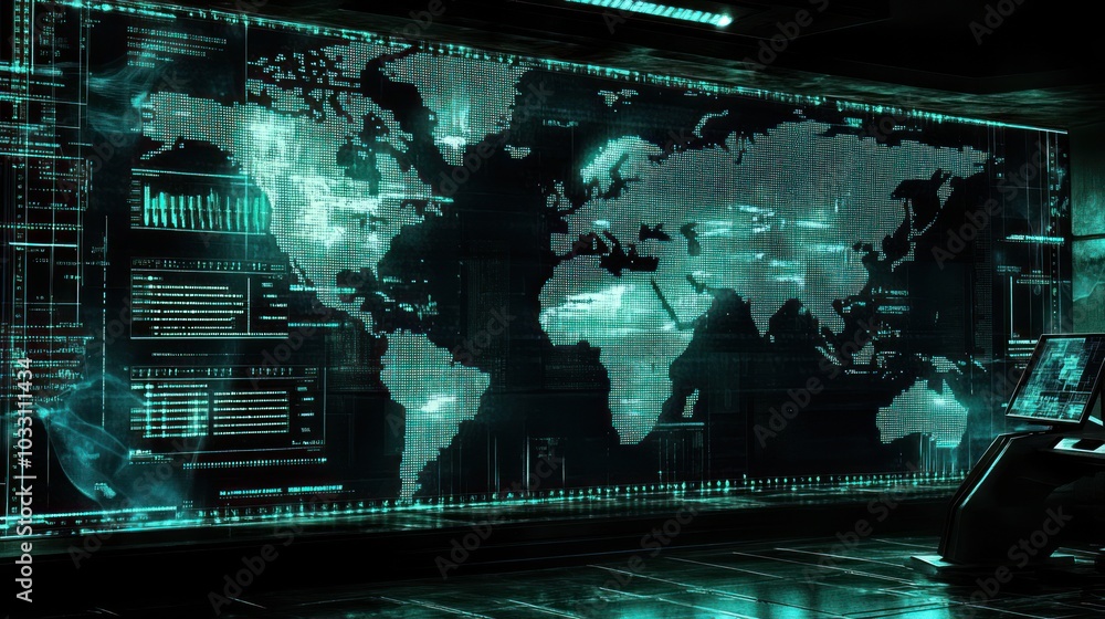 Poster Futuristic Control Room with World Map Display