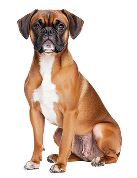 Boxer dog sitting on a white background.
