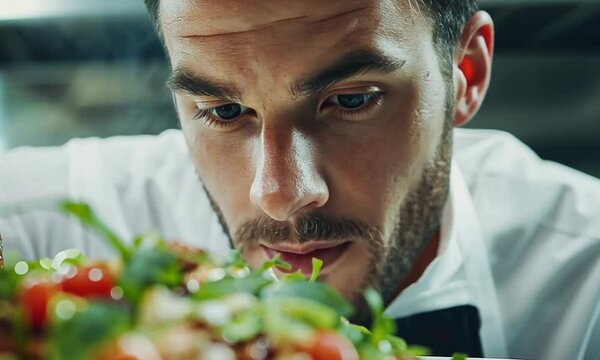 Close-up portrait of a chef in a white uniform looking intently at a salad with a focused expression.