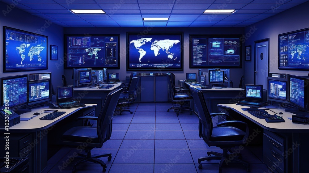 Aufkleber computerized security control room with monitors and desks