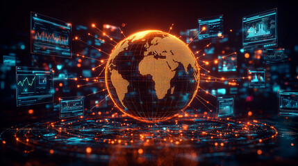 Futuristic digital globe surrounded by interactive analytics screens and data visualizations.